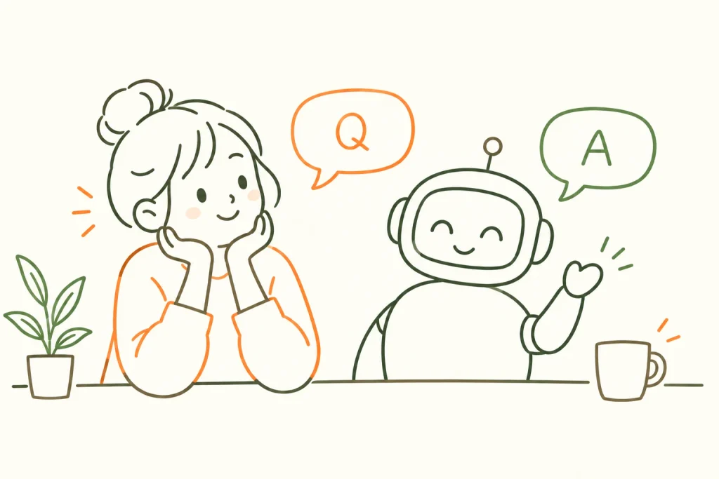 ChatGPT英会話のよくある質問をイメージした、QとAの吹き出しと人物・ロボットの線画イラスト