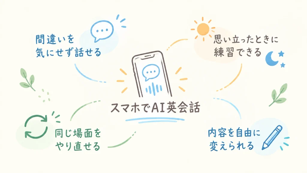 ChatGPT英会話で感じた4つのメリットをまとめた図。間違いを気にせず話せる、思い立ったときに練習できる、同じ場面を何度でもやり直せる、内容を自由に変えられるという4つの特徴を紹介している。