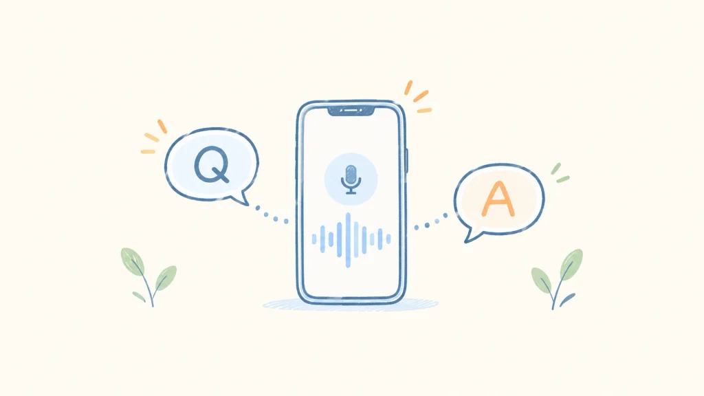 ChatGPTで音声英会話をするイメージ。スマホ、音声波形、Q&Aの吹き出しを描いたシンプルな線画イラスト