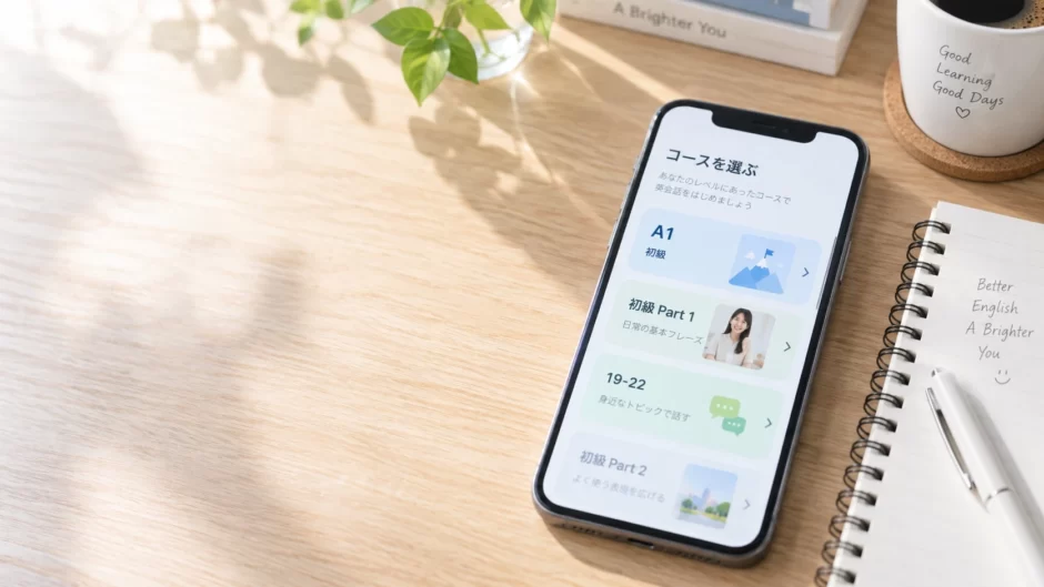 Speakのレベルチェックと開始レベルをイメージしたスマホと学習ノート